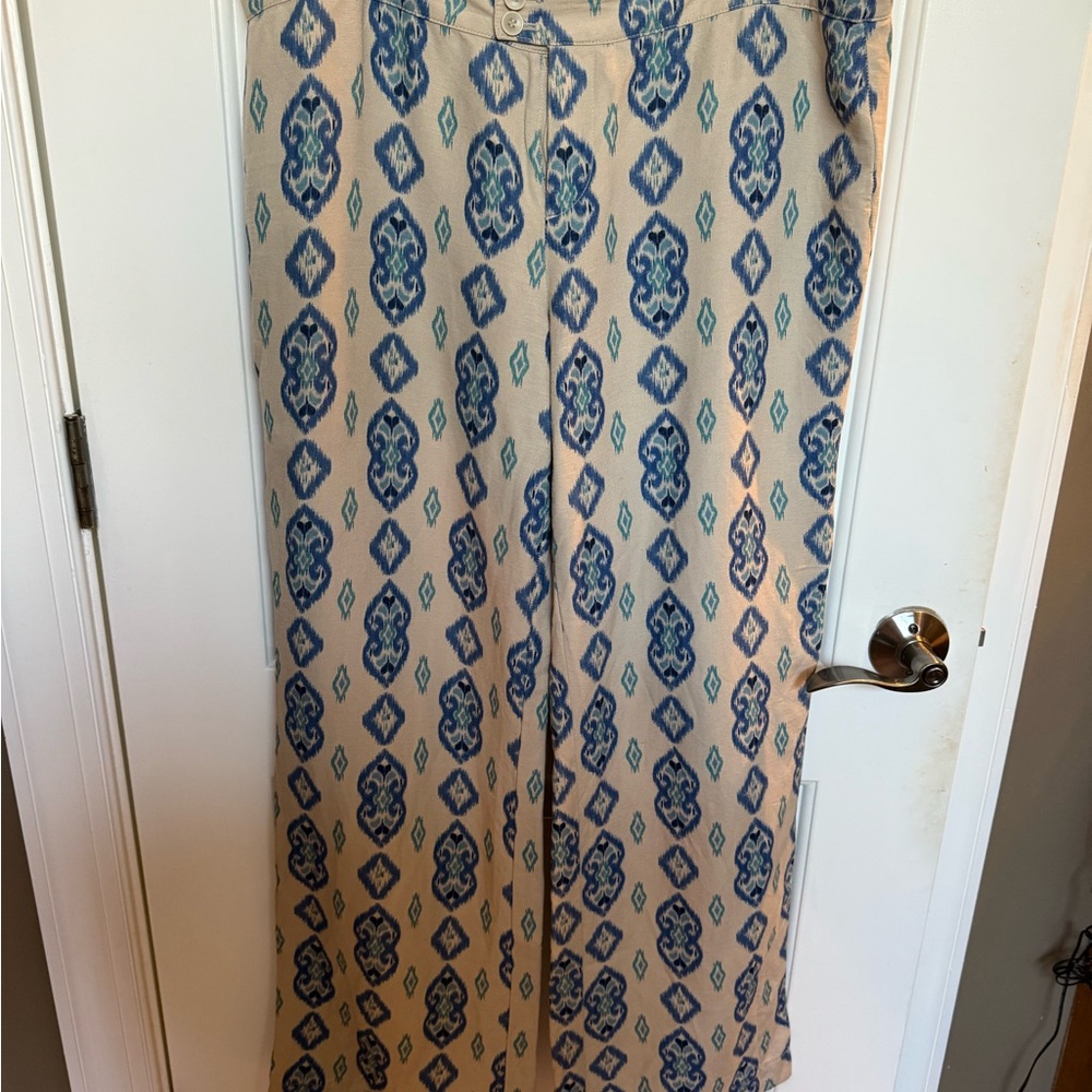 Ecru Blue and Tan Patterned Trousers